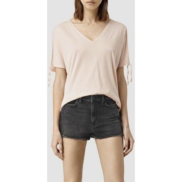 ALLSAINTS NEW $98 Tie Slit Sleeve Relaxed V-Neck Kay Tee Blush XS - Picture 3 of 3